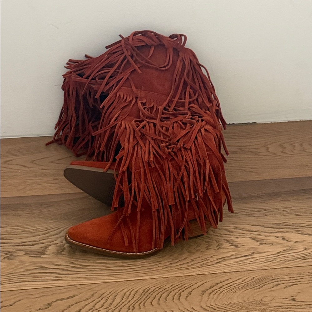 dingo Fringe Over-The-Knee Suede Boots - Rust Orange - Picture 3 of 3